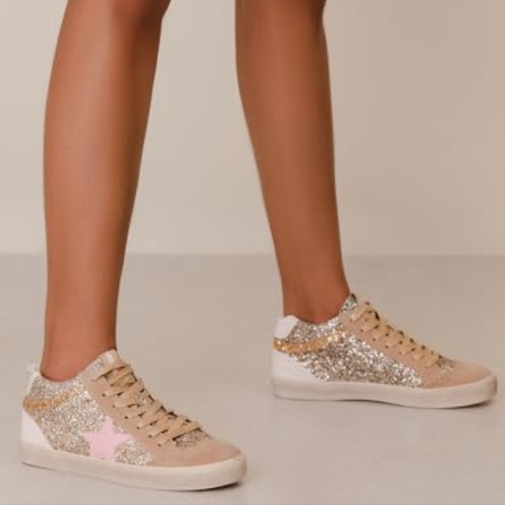 Mi.iM Daisy Light Gold (Pink Star) Lace-up Glitter Suede Mid Star Sneakers - Picture 16 of 16